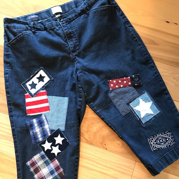 Patchwork Capris Shorts: Upcycled 4th Of July Patriotic Jeans, Women's Size 16 - Picture 6 of 13
